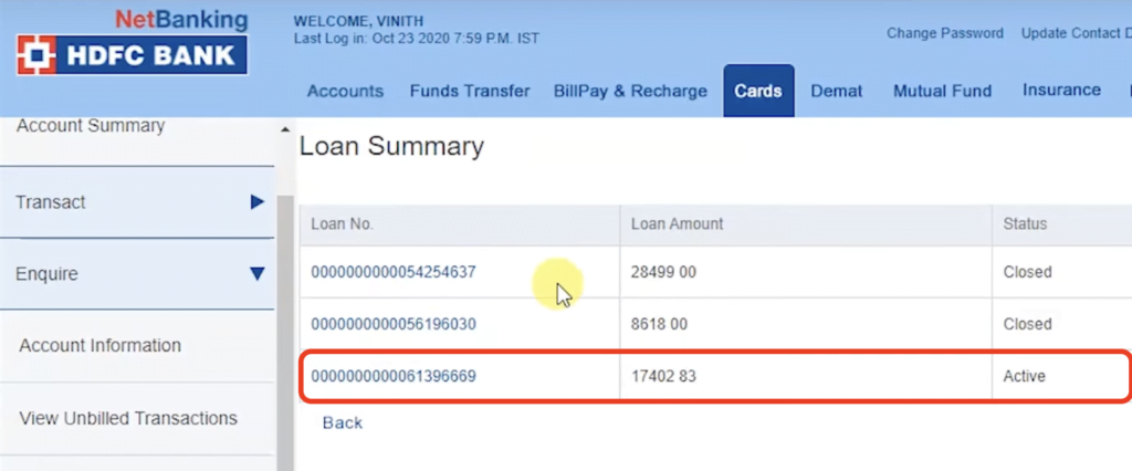 Check Loan Details on HDFC Cards