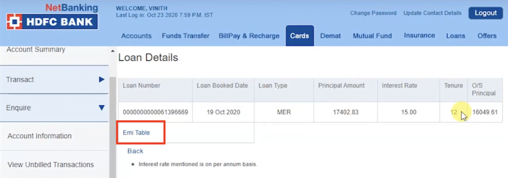 Check Loan Details on HDFC Cards