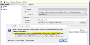Restore of database 'ReportServer' failed