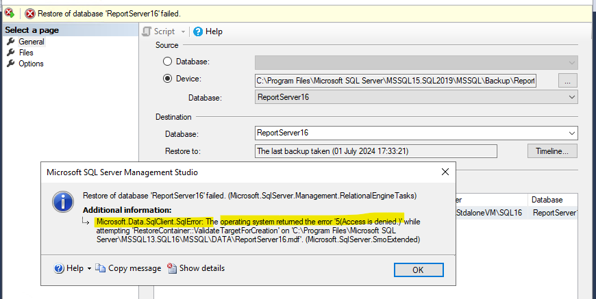 Restore of database 'ReportServer' failed