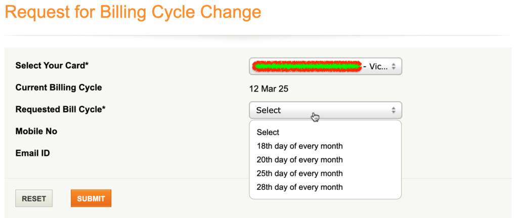 icici billing cycle change