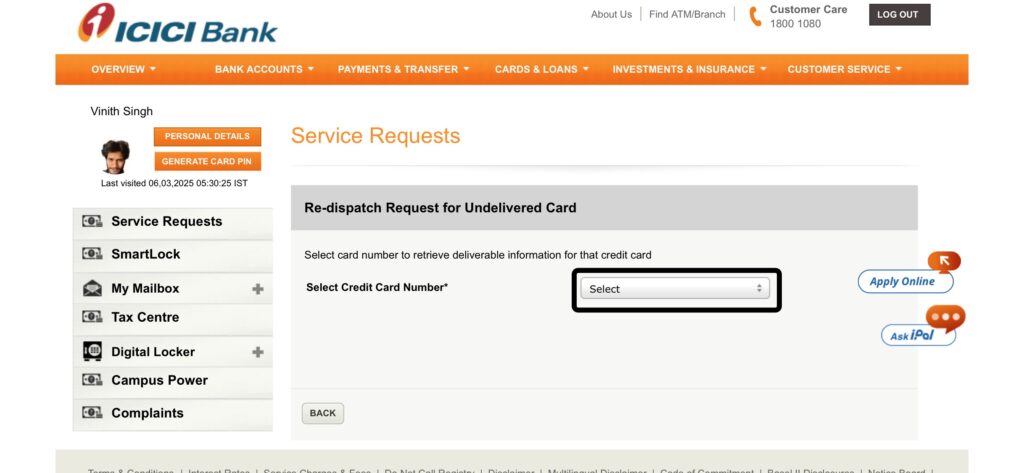 ICICI Bank Credit Card Re-Dispatch