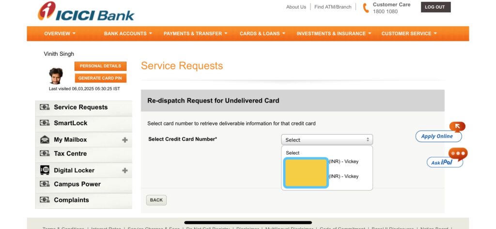 ICICI Bank Credit Card Re-Dispatch