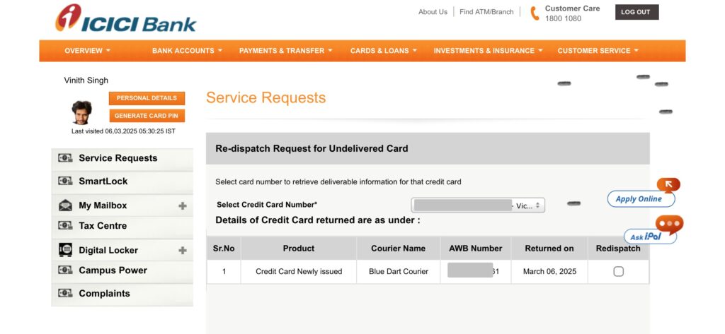 ICICI Bank Credit Card Re-Dispatch