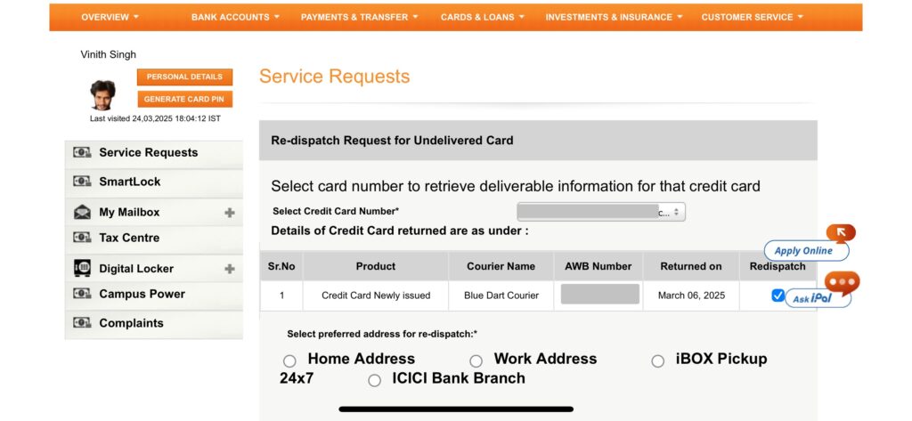 ICICI Bank Credit Card Re-Dispatch