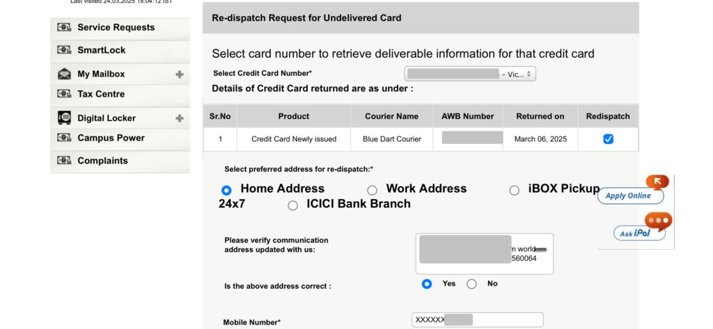 ICICI Bank Credit Card Re-Dispatch