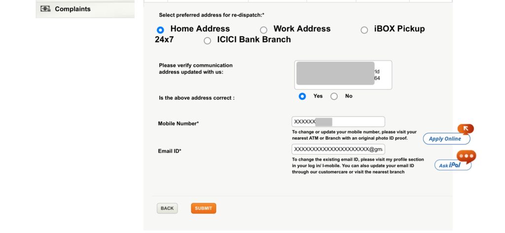 ICICI Bank Credit Card Re-Dispatch