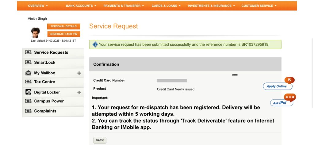 ICICI Bank Credit Card Re-Dispatch